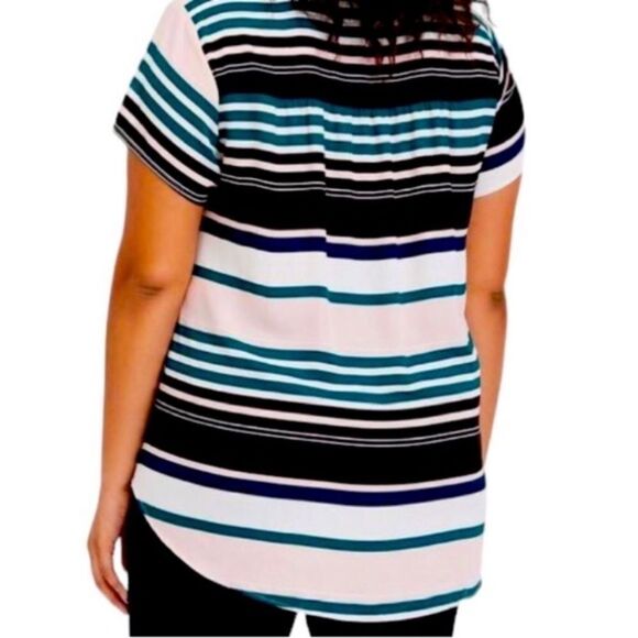 Torrid Plus Size 2X Multicolor Pink Striped Short Sleeve Summer Workwear Blouse - Picture 2 of 12